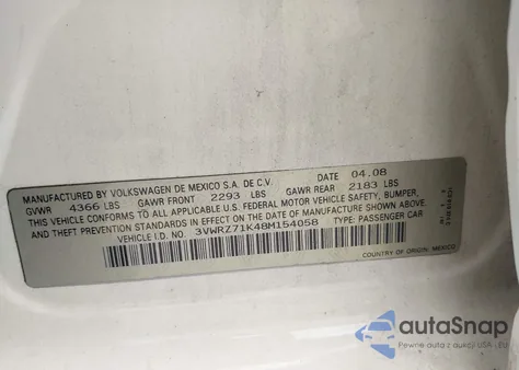 2008 Volkswagen Jetta Se из США, поврежденный, VIN 3VWRZ71K48M154058